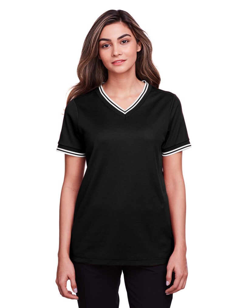 CrownLux Performance  Ladies' Plaited Tipped V-Neck Top